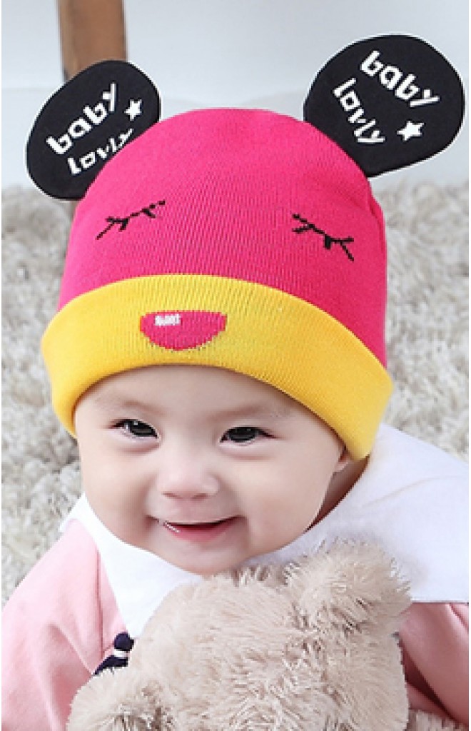 หมวกถักแต่งหูมิกกี้ สกรีนอักษร baby lovly หมวกถักแต่งหูมิกกี้ สกรีนอักษร baby lovly