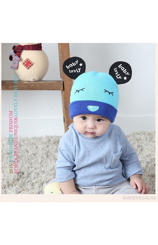 หมวกถักแต่งหูมิกกี้ สกรีนอักษร baby lovly