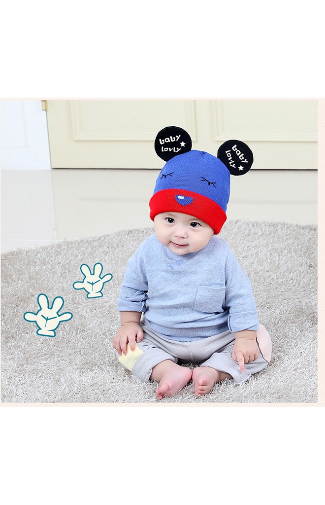 หมวกถักแต่งหูมิกกี้ สกรีนอักษร baby lovly