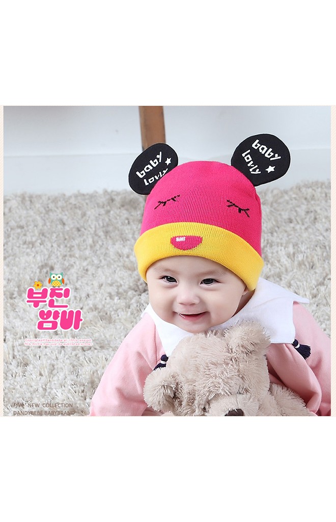หมวกถักแต่งหูมิกกี้ สกรีนอักษร baby lovly