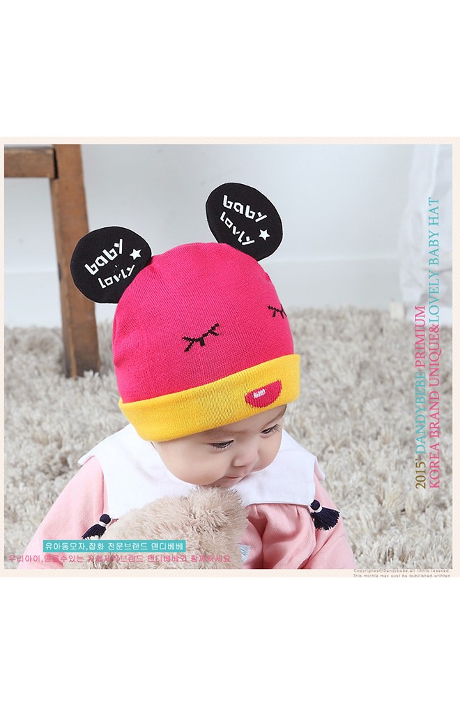 หมวกถักแต่งหูมิกกี้ สกรีนอักษร baby lovly