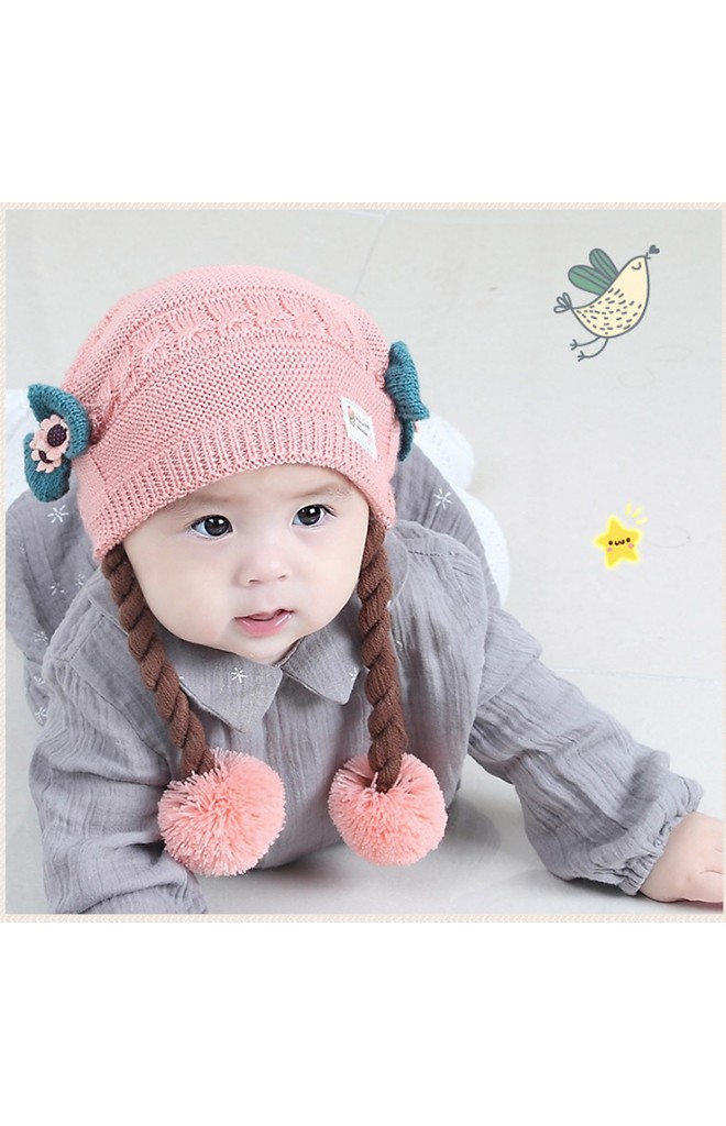 หมวกไหมพรมสาวน้อยด้านข้างแต่งโบว์น่ารัก พร้อมเปียห้อยปอมปอม TIANYIBEAR