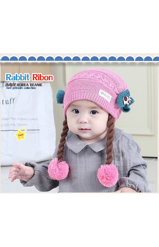 หมวกไหมพรมสาวน้อยด้านข้างแต่งโบว์น่ารัก พร้อมเปียห้อยปอมปอม TIANYIBEAR