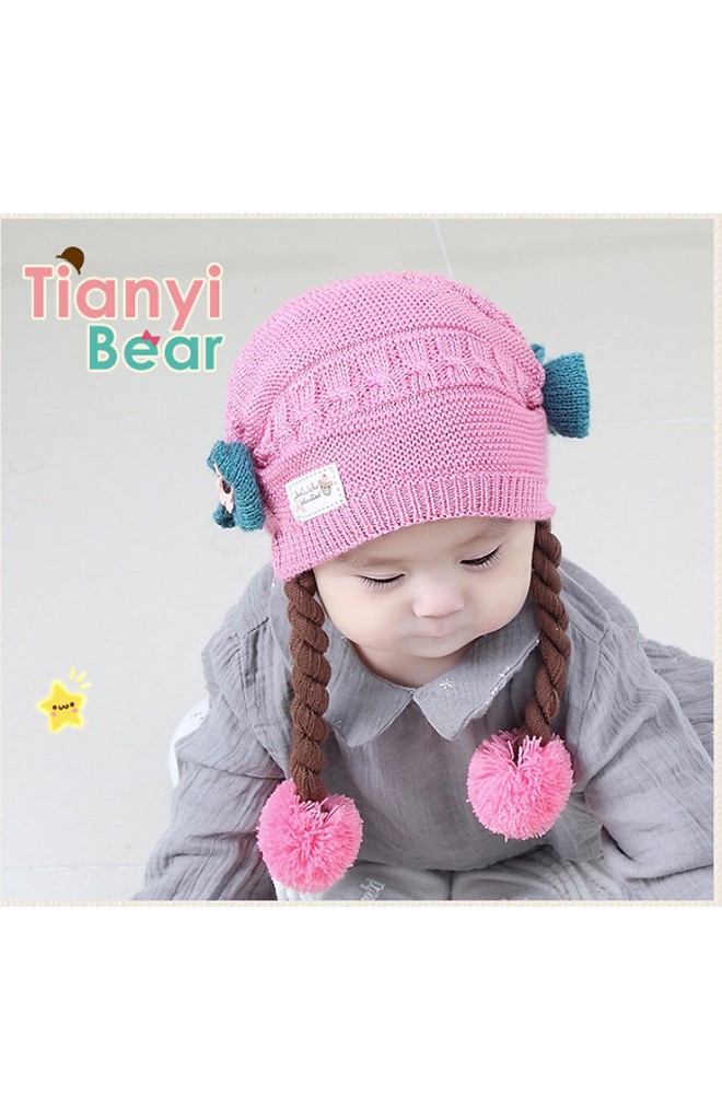 หมวกไหมพรมสาวน้อยด้านข้างแต่งโบว์น่ารัก พร้อมเปียห้อยปอมปอม TIANYIBEAR