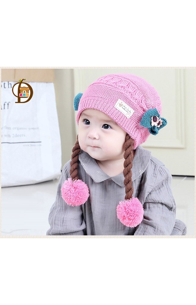 หมวกไหมพรมสาวน้อยด้านข้างแต่งโบว์น่ารัก พร้อมเปียห้อยปอมปอม TIANYIBEAR