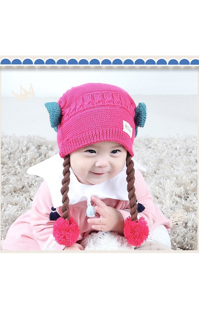 หมวกไหมพรมสาวน้อยด้านข้างแต่งโบว์น่ารัก พร้อมเปียห้อยปอมปอม TIANYIBEAR
