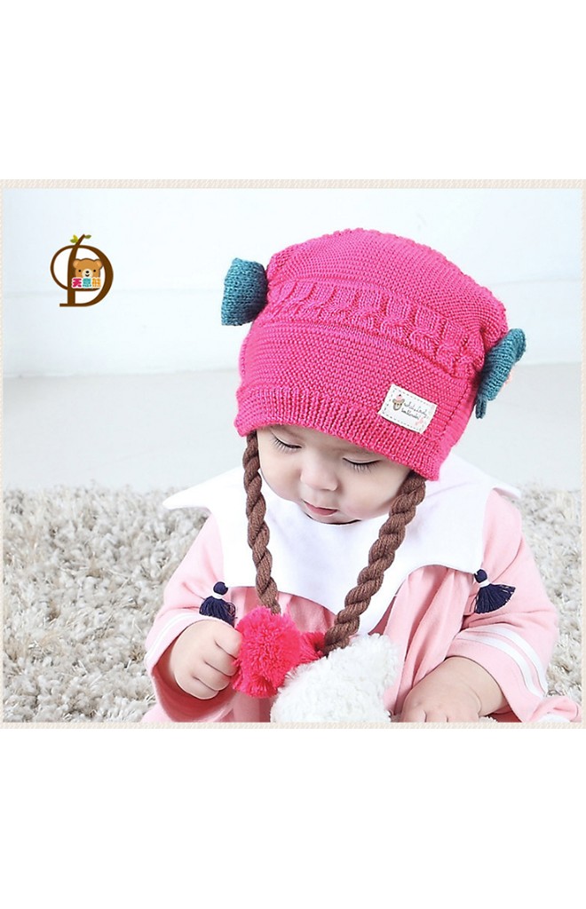 หมวกไหมพรมสาวน้อยด้านข้างแต่งโบว์น่ารัก พร้อมเปียห้อยปอมปอม TIANYIBEAR
