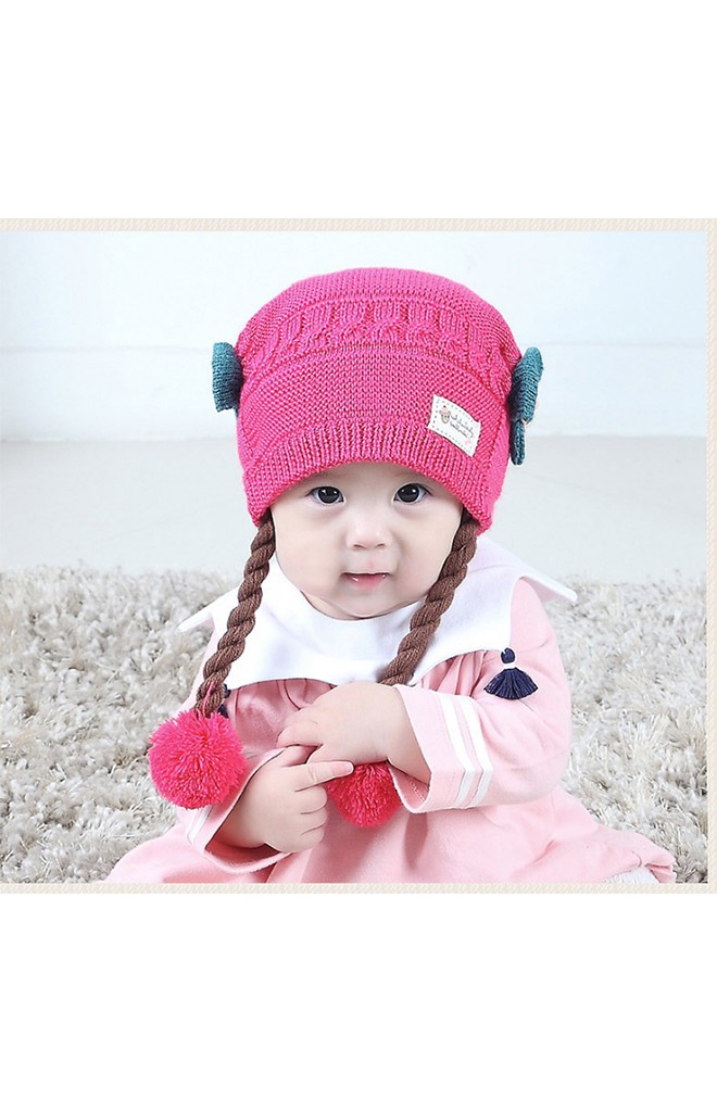 หมวกไหมพรมสาวน้อยด้านข้างแต่งโบว์น่ารัก พร้อมเปียห้อยปอมปอม TIANYIBEAR