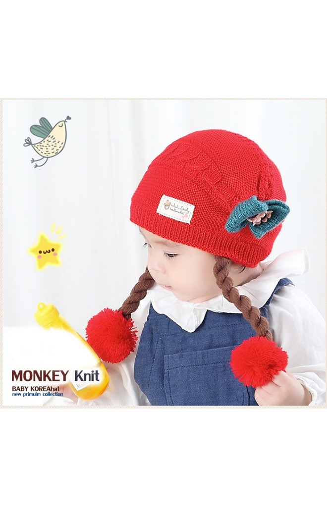 หมวกไหมพรมสาวน้อยด้านข้างแต่งโบว์น่ารัก พร้อมเปียห้อยปอมปอม TIANYIBEAR