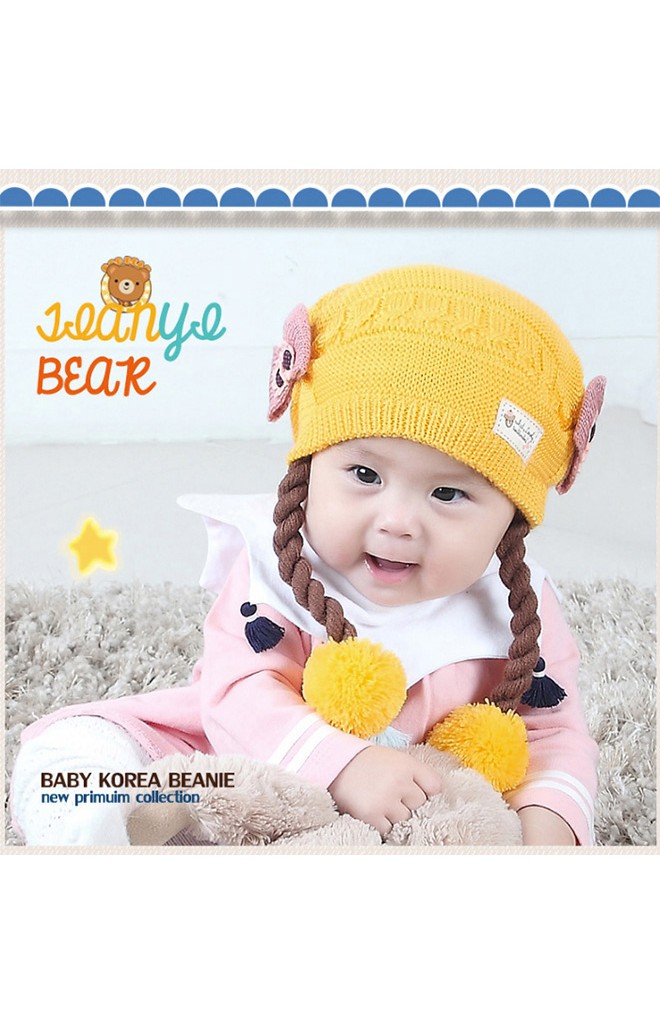 หมวกไหมพรมสาวน้อยด้านข้างแต่งโบว์น่ารัก พร้อมเปียห้อยปอมปอม TIANYIBEAR