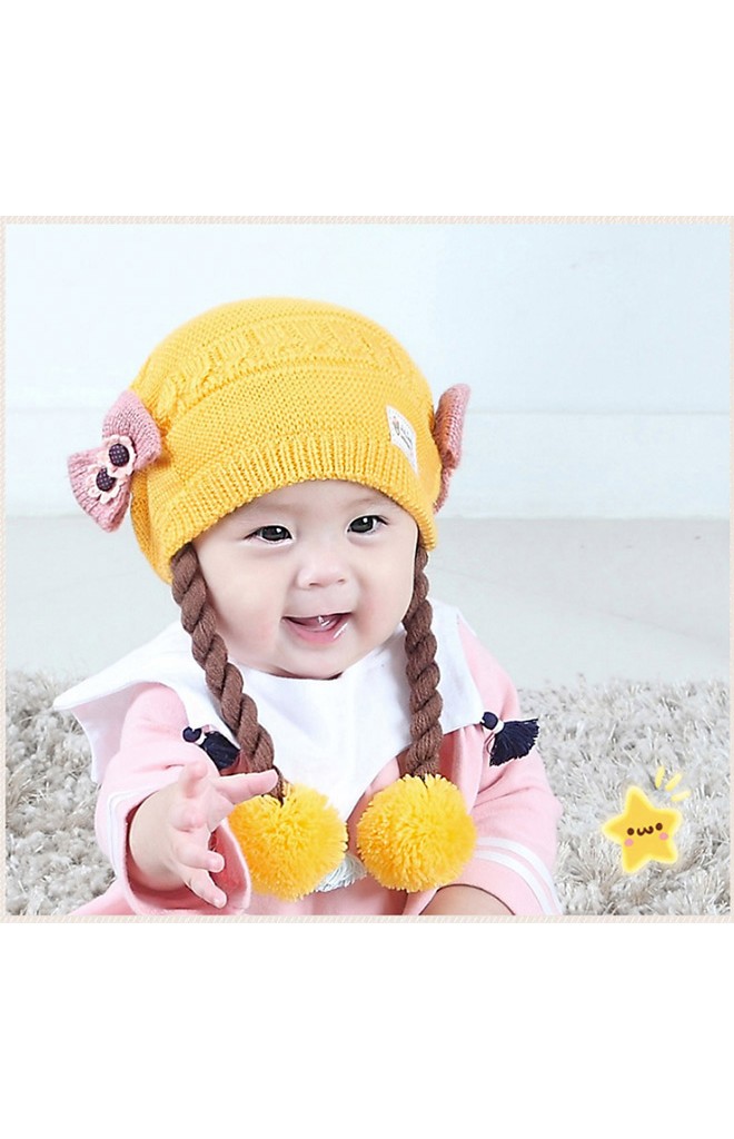 หมวกไหมพรมสาวน้อยด้านข้างแต่งโบว์น่ารัก พร้อมเปียห้อยปอมปอม TIANYIBEAR
