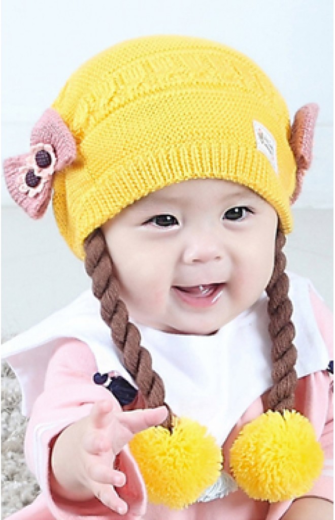 หมวกไหมพรมสาวน้อยด้านข้างแต่งโบว์น่ารัก พร้อมเปียห้อยปอมปอม TIANYIBEAR