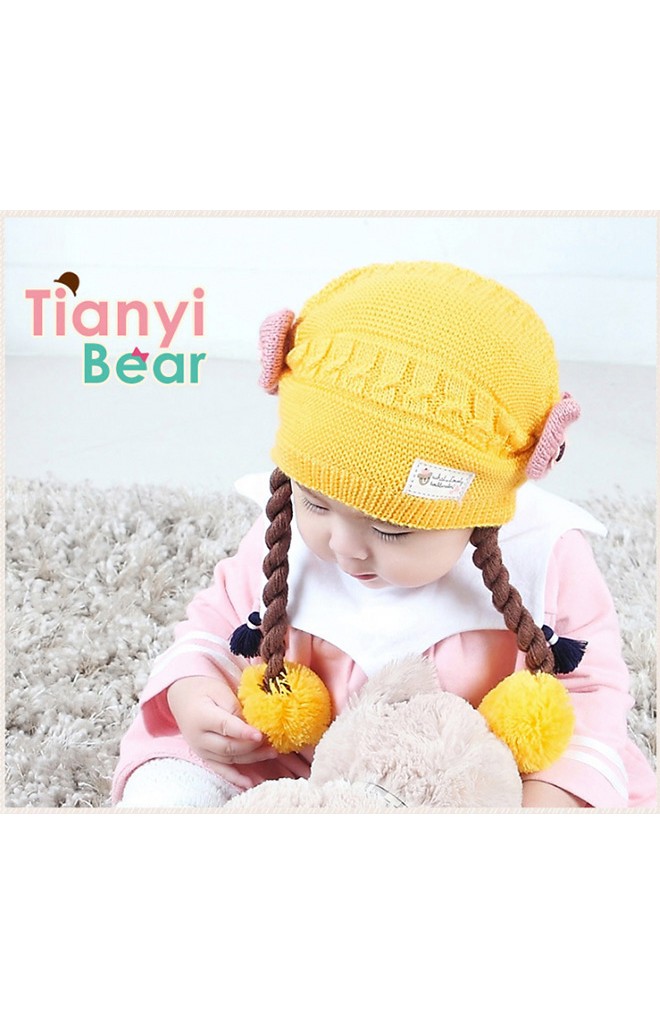หมวกไหมพรมสาวน้อยด้านข้างแต่งโบว์น่ารัก พร้อมเปียห้อยปอมปอม TIANYIBEAR