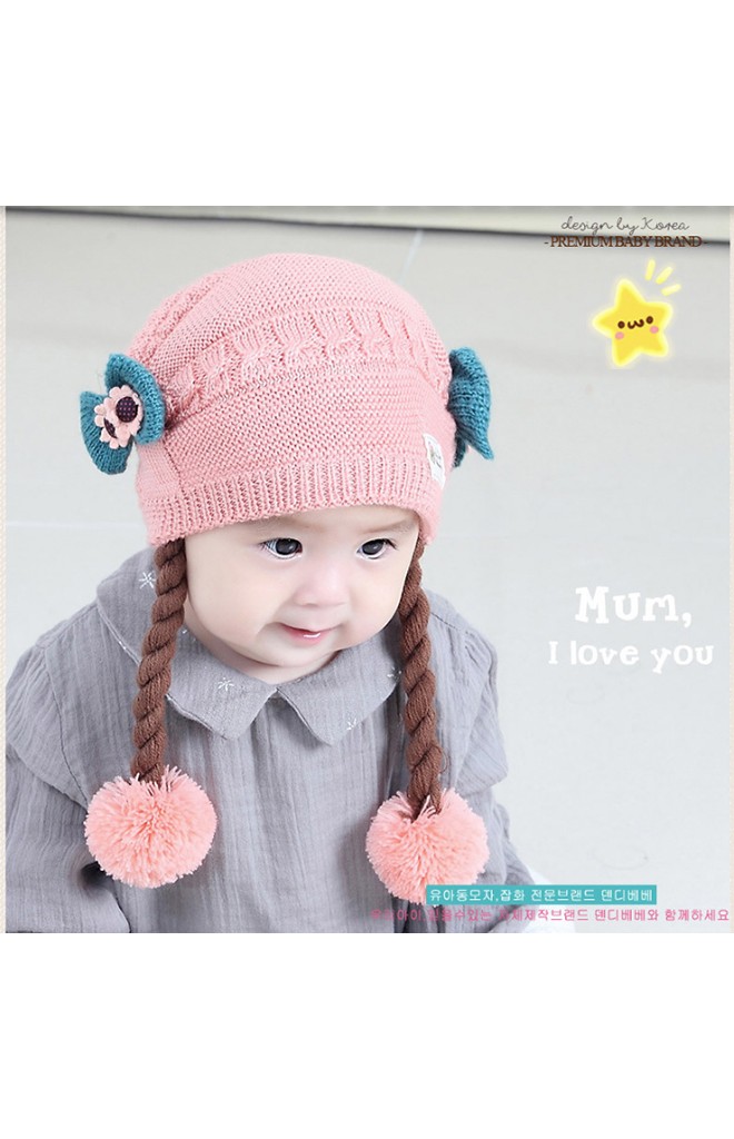 หมวกไหมพรมสาวน้อยด้านข้างแต่งโบว์น่ารัก พร้อมเปียห้อยปอมปอม TIANYIBEAR
