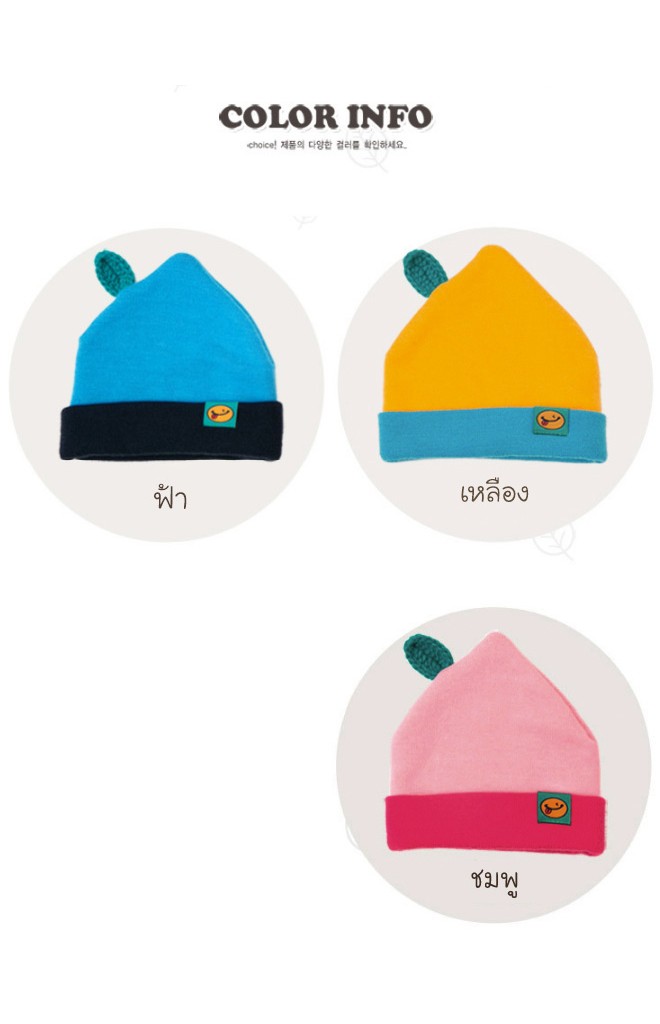หมวกบีนนี่ยอดแหลมพับขอบแต่งป้ายผลส้มและใบ จาก GZMM