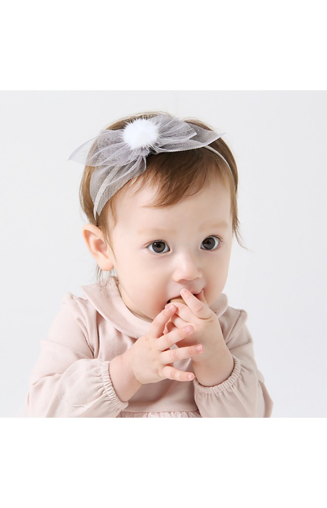 สายคาดผมสาวโบว์โบว์ผ้าโปร่งแต่งปอมปอมฟู Angel Netiri