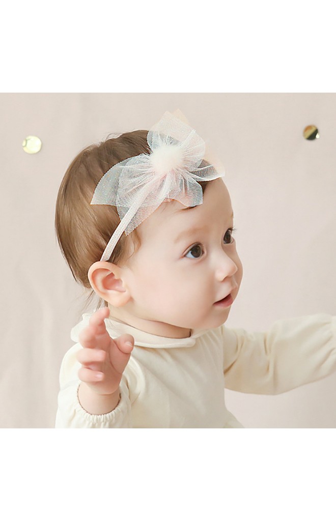 สายคาดผมสาวโบว์โบว์ผ้าโปร่งแต่งปอมปอมฟู Angel Netiri