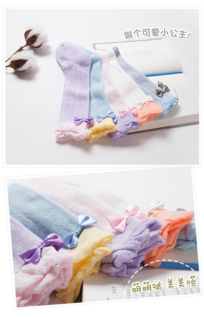 ถุงเท้าเด็กหญิงแบบยาว ขอบต่างสีแต่งโบว์น่ารัก