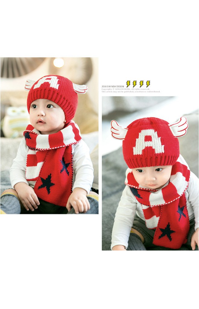 เซ็ตหมวกไหมพรม Angel ด้านหน้าอักษร A พร้อมผ้าพันคอลายเข้าชุดกัน GZMM