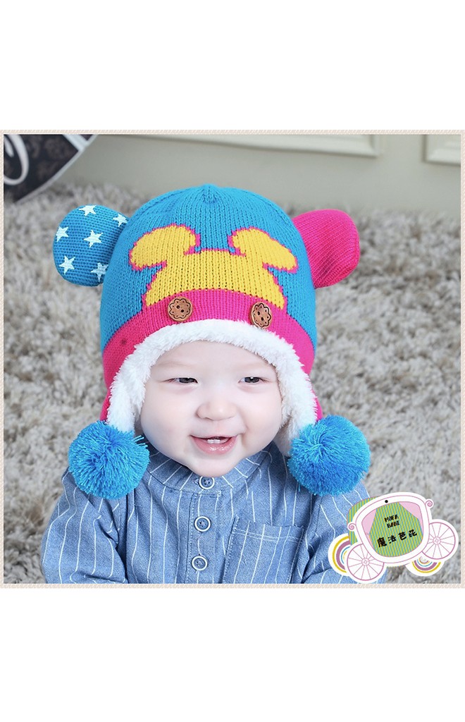 หมวกไหมพรมหน้ามิกกี้แต่งปอมปอมห้อยพร้อมซับอุ่นๆ MOFABABI