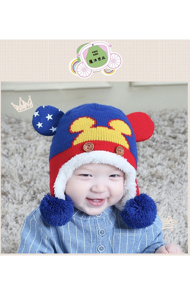 หมวกไหมพรมหน้ามิกกี้แต่งปอมปอมห้อยพร้อมซับอุ่นๆ MOFABABI