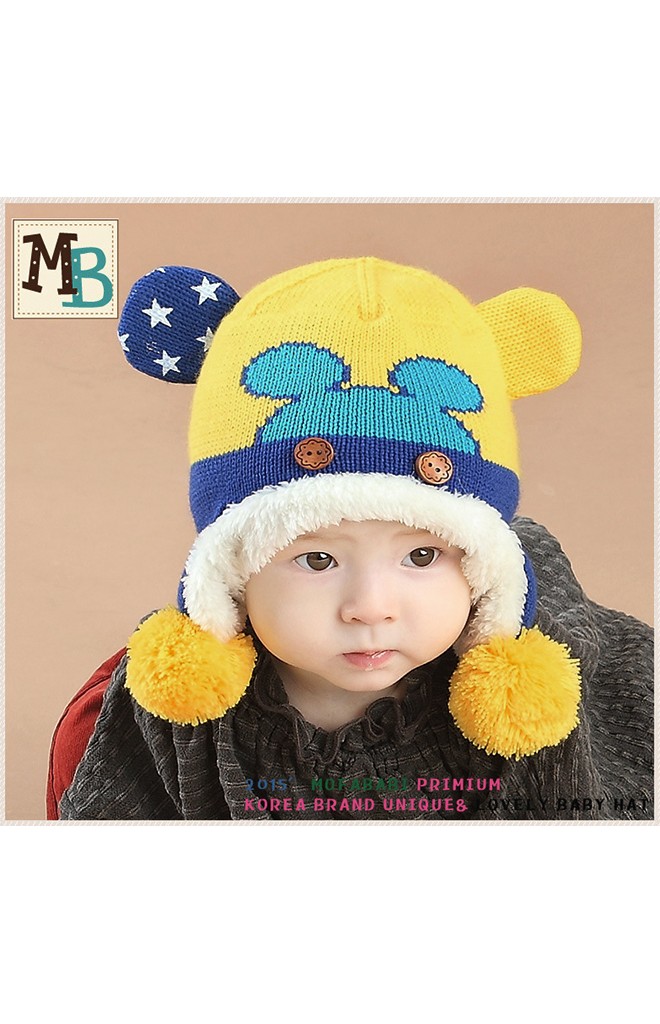 หมวกไหมพรมหน้ามิกกี้แต่งปอมปอมห้อยพร้อมซับอุ่นๆ MOFABABI