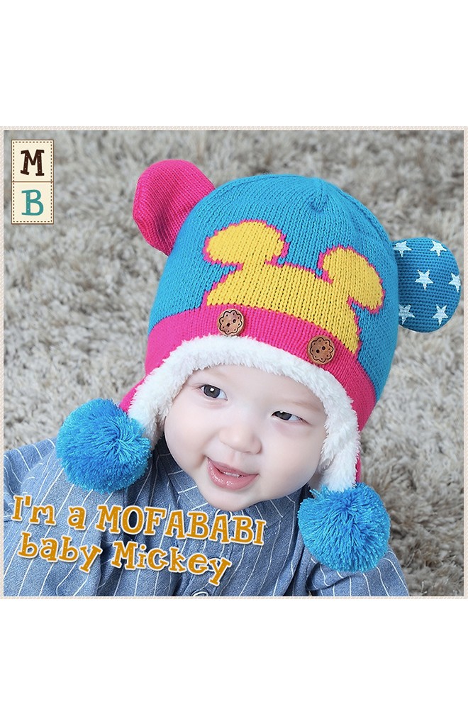 หมวกไหมพรมหน้ามิกกี้แต่งปอมปอมห้อยพร้อมซับอุ่นๆ MOFABABI