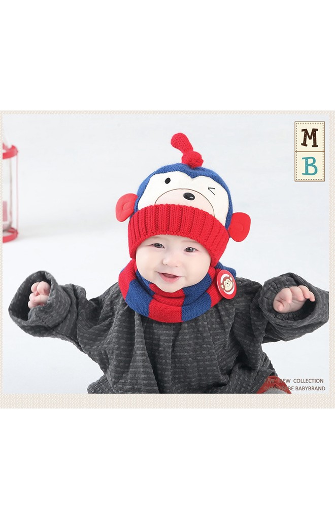 เซ็ตหมวกไหมพรมลิงจ๋อมาพร้อมผ้าสวมคอลายเข้าชุดกัน mofababi