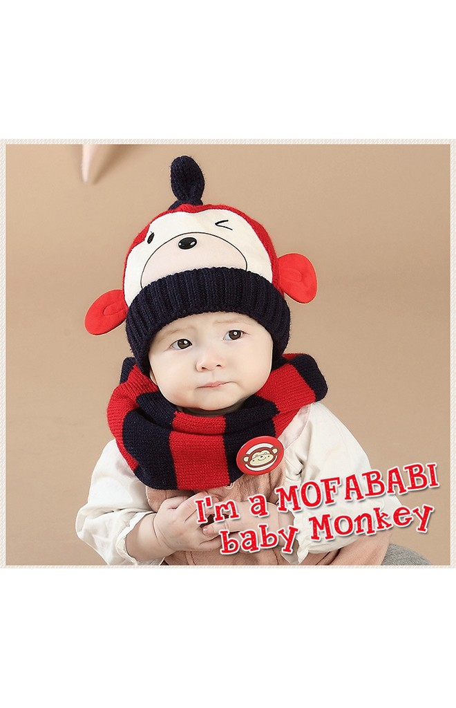 เซ็ตหมวกไหมพรมลิงจ๋อมาพร้อมผ้าสวมคอลายเข้าชุดกัน mofababi