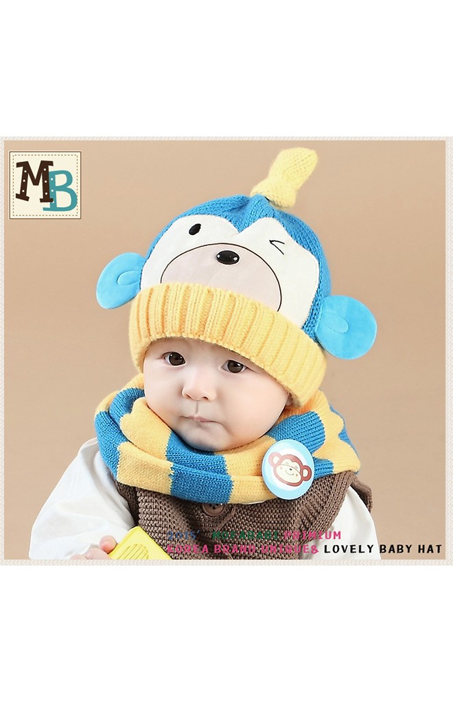 เซ็ตหมวกไหมพรมลิงจ๋อมาพร้อมผ้าสวมคอลายเข้าชุดกัน mofababi