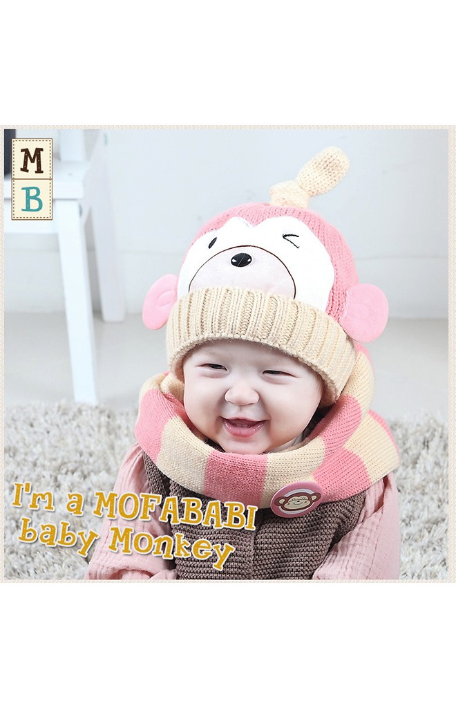 เซ็ตหมวกไหมพรมลิงจ๋อมาพร้อมผ้าสวมคอลายเข้าชุดกัน mofababi
