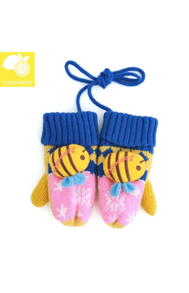 ถุงมือไหมพรมกันหนาวเด็ก ลายหิมะรูปผึ้งน้อยแบบนูน Lemonkid