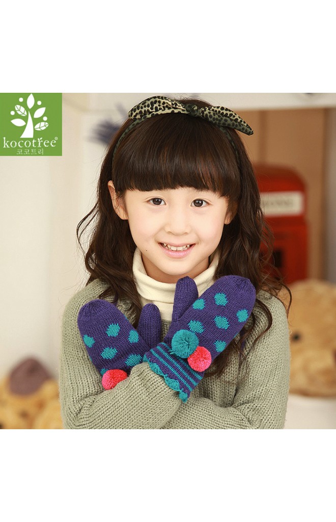 ถุงมือไหมพรมกันหนาวเด็ก ลายจุดแต่งปอมปอมน่ารัก kocotree