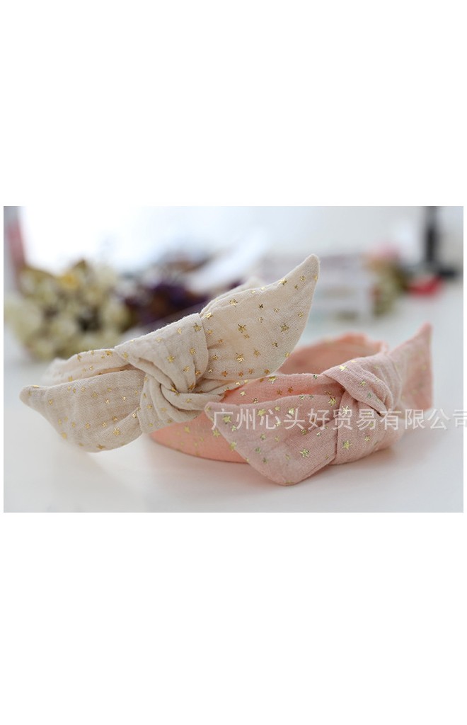 ผ้าคาดผมโบว์ผ้าฝ้ายลายดาวสีทอง Angel Netiri