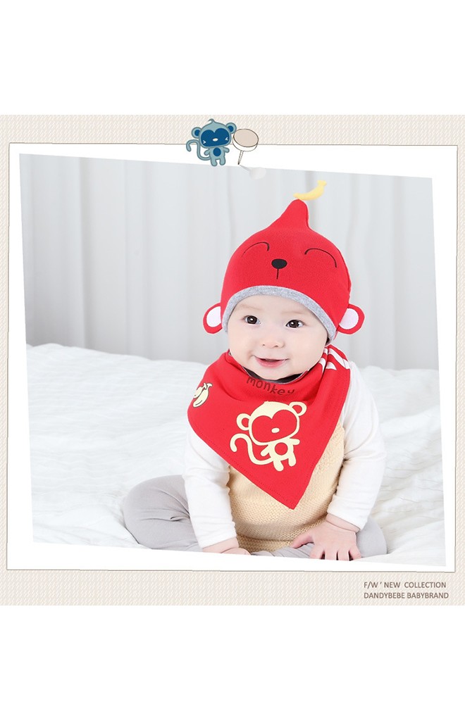 เซ็ตหมวกเด็กเล็กลายลิงมาพร้อมผ้ากันเปื้อน DANDY BEBE