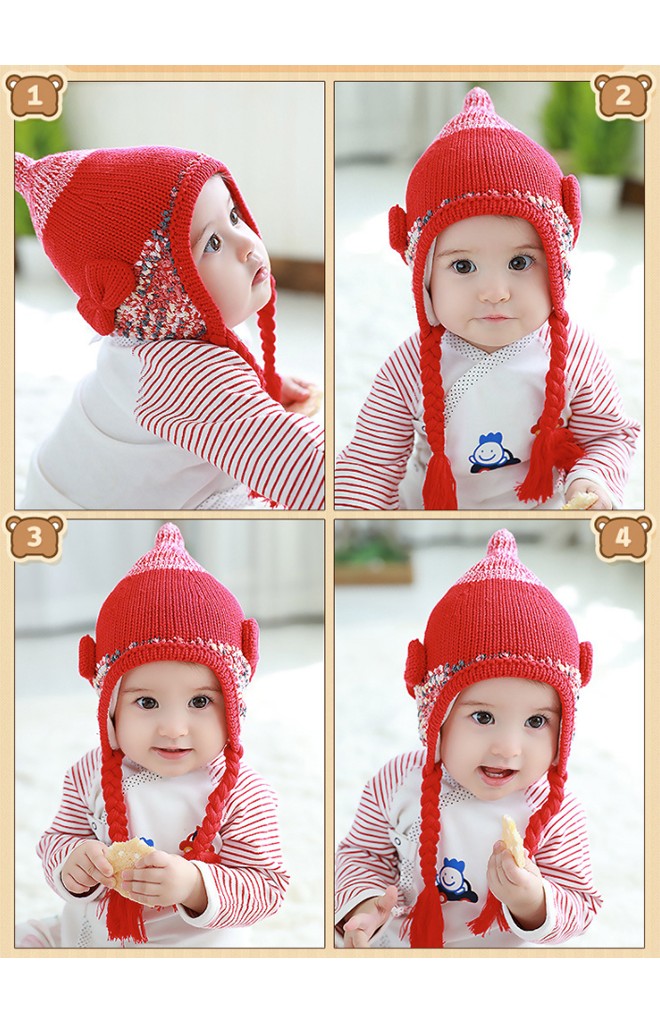 หมวกไหมพรมสาวน้อยแต่งโบว์ข้างน่ารัก ด้านบนยอดแหลม TUTUYA