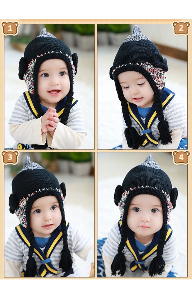 หมวกไหมพรมสาวน้อยแต่งโบว์ข้างน่ารัก ด้านบนยอดแหลม TUTUYA