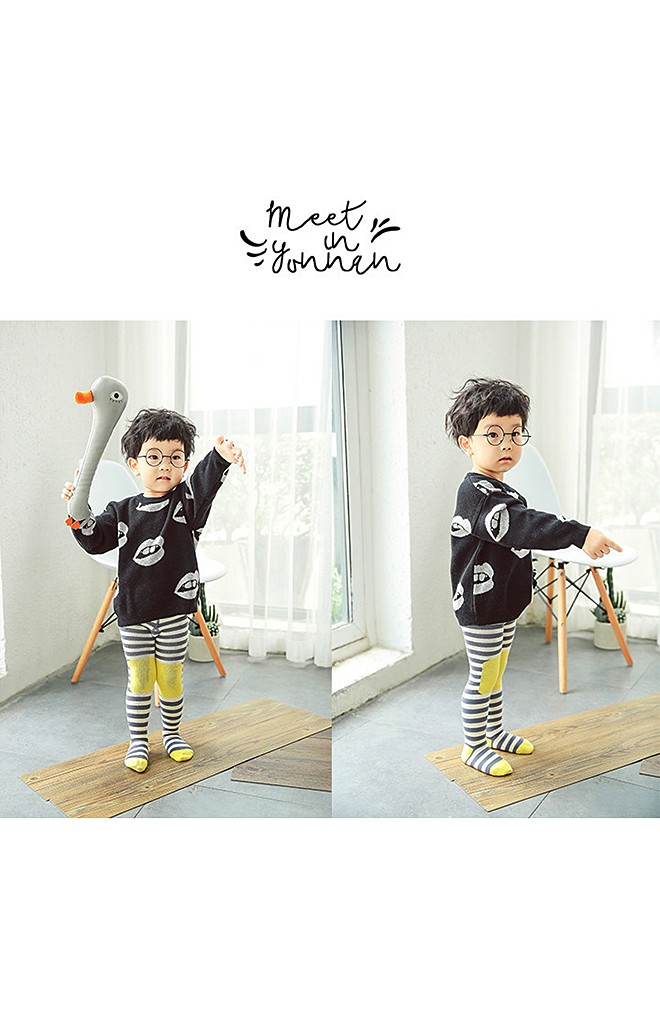 ถุงน่องเด็กกันหนาวลายขวางตัดด้วยสีสดช่วงเข่าและเท้า