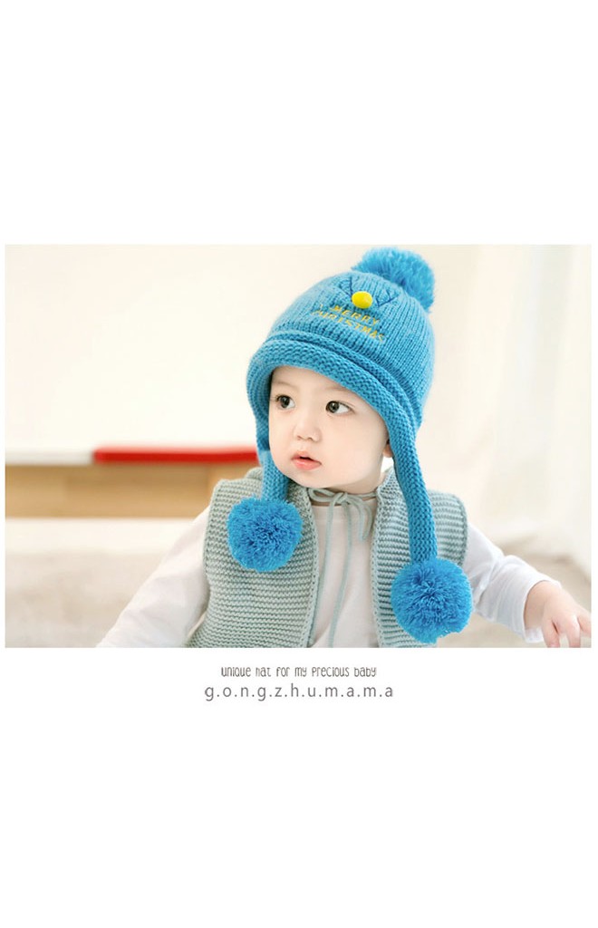 หมวกไหมพรมมีซับใน ปักเขากวางเรนเดียร์และอักษร MERRY CHRISTMAS