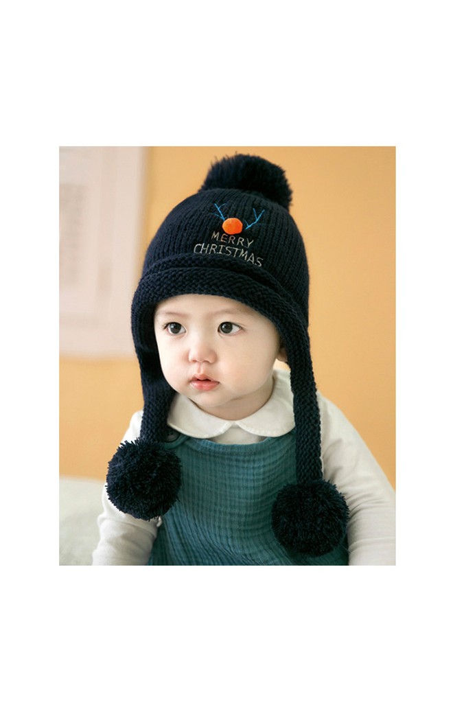 หมวกไหมพรมมีซับใน ปักเขากวางเรนเดียร์และอักษร MERRY CHRISTMAS