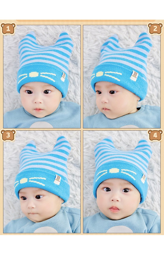 หมวกบีนนี่ลายขวางพับขอบหน้าแมว จาก TUTUYA