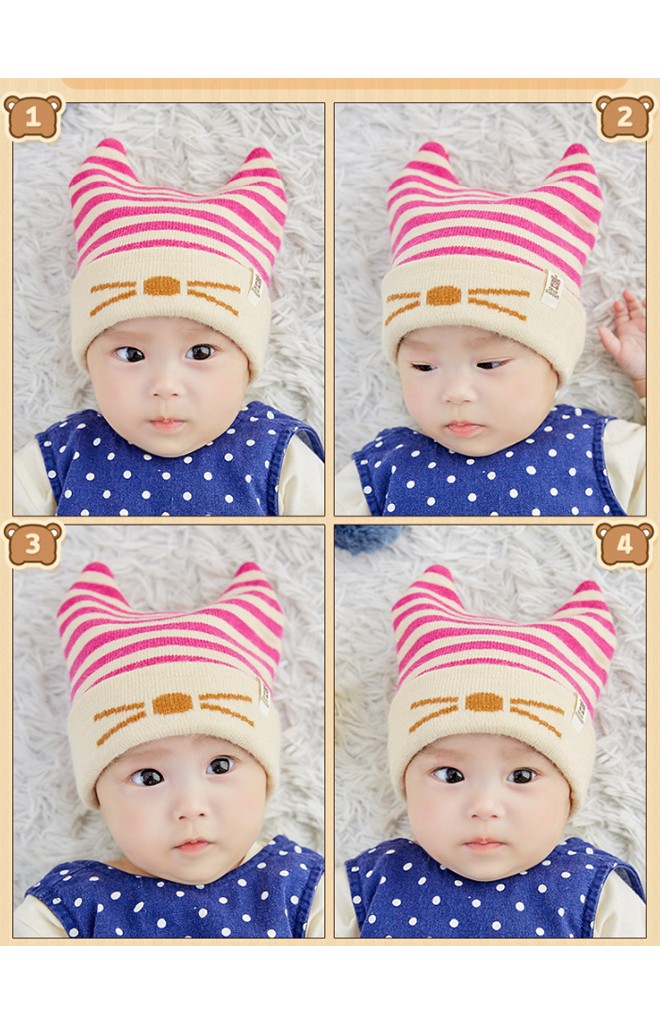 หมวกบีนนี่ลายขวางพับขอบหน้าแมว จาก TUTUYA