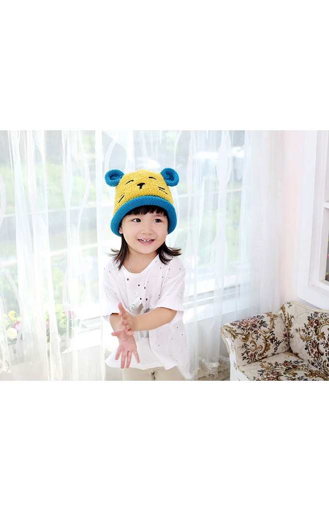 หมวกไหมพรมหมีน้อย แต่งหูน่ารัก ขอบหมวกม้วนกลม