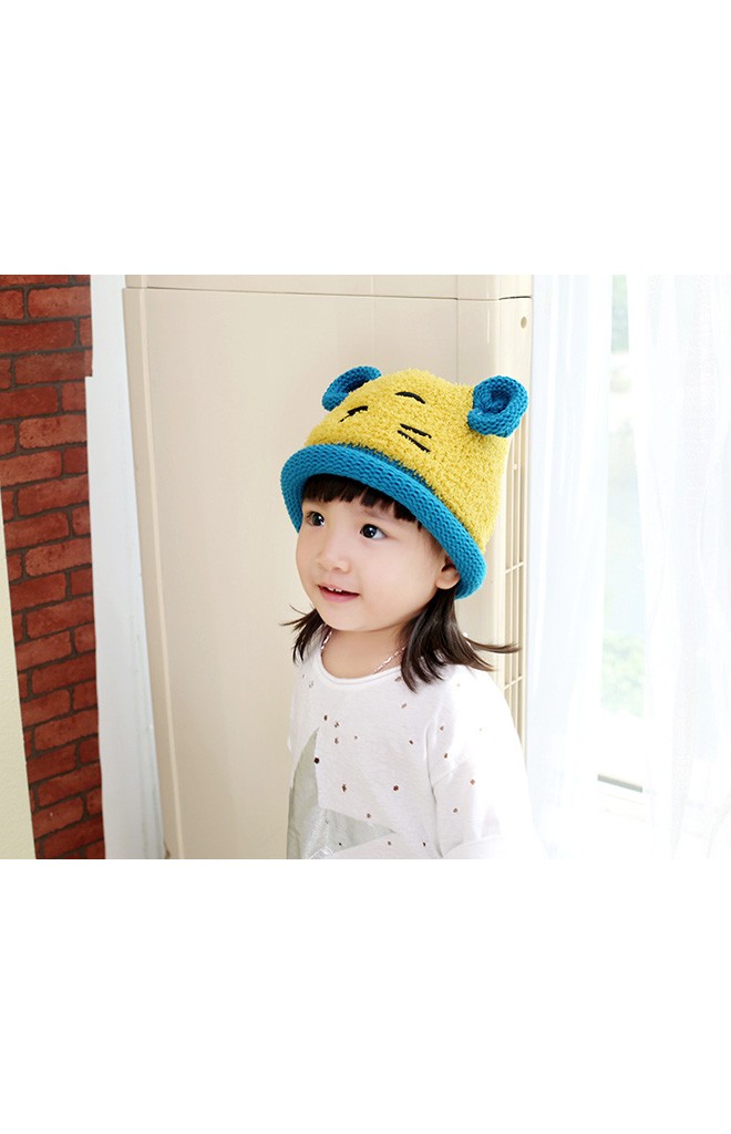หมวกไหมพรมหมีน้อย แต่งหูน่ารัก ขอบหมวกม้วนกลม