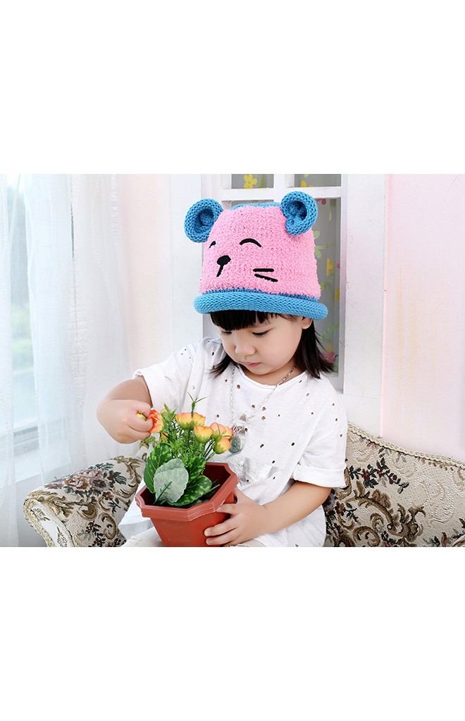 หมวกไหมพรมหมีน้อย แต่งหูน่ารัก ขอบหมวกม้วนกลม