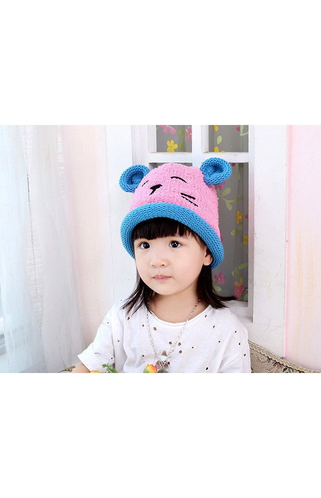 หมวกไหมพรมหมีน้อย แต่งหูน่ารัก ขอบหมวกม้วนกลม