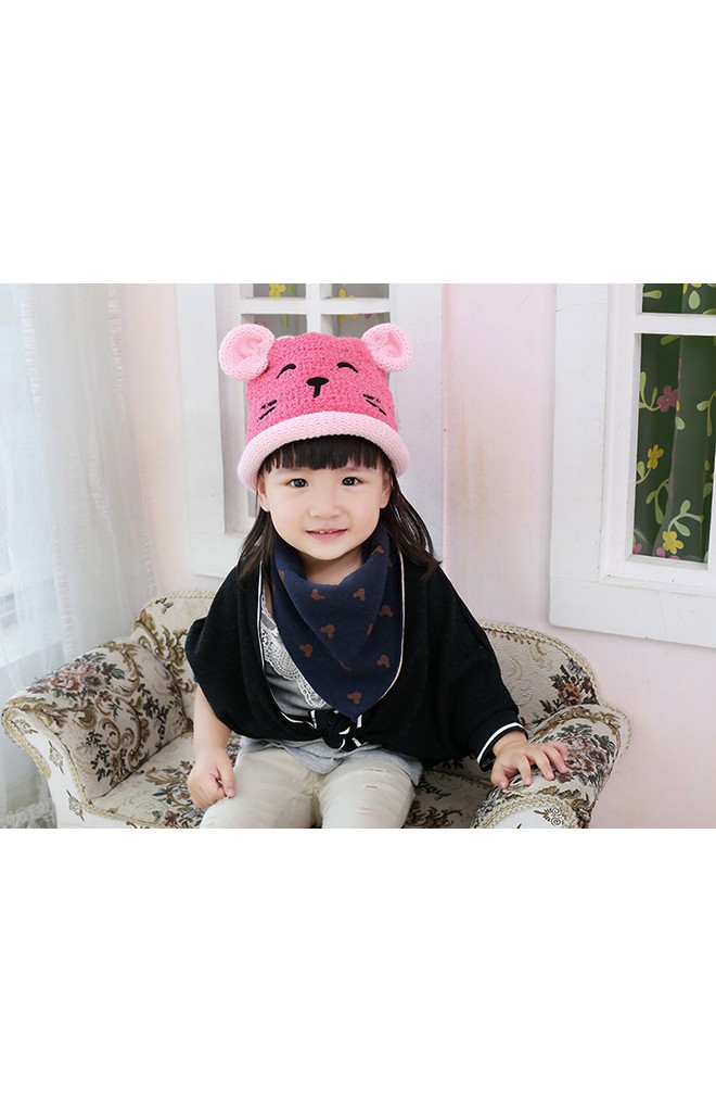 หมวกไหมพรมหมีน้อย แต่งหูน่ารัก ขอบหมวกม้วนกลม