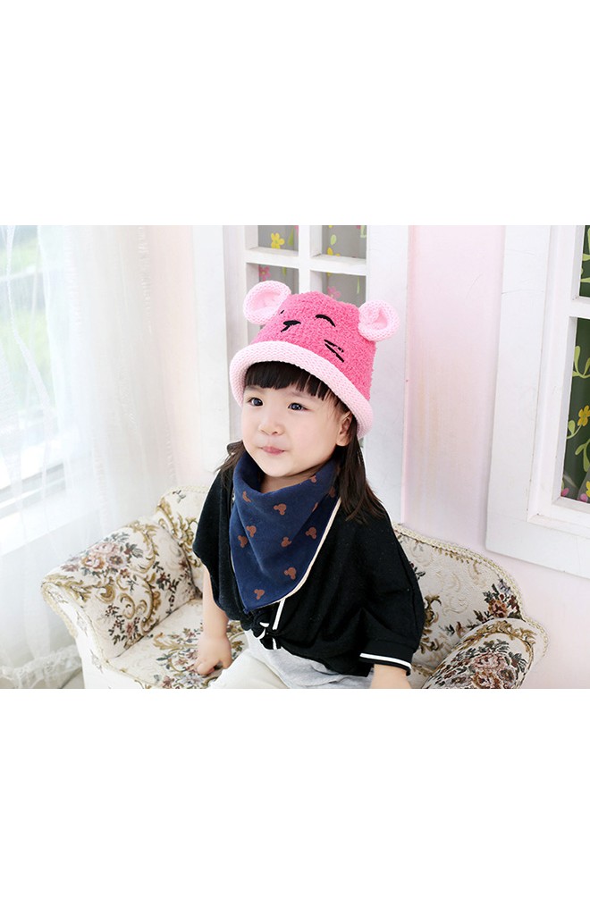 หมวกไหมพรมหมีน้อย แต่งหูน่ารัก ขอบหมวกม้วนกลม