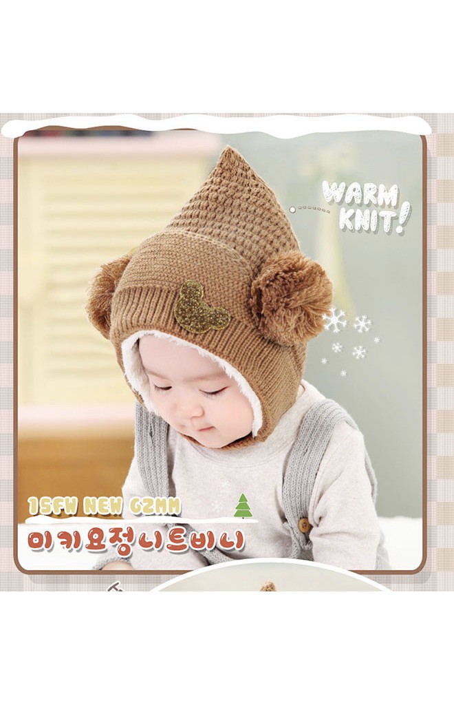 หมวกไหมพรมยอดแหลมแต่งรูปมิกกี้ มีสายคล้องใต้คาง
