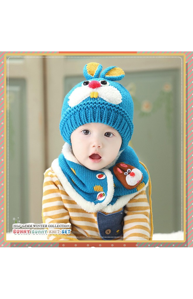 เซ็ตหมวกไหมพรมกระต่ายหูตั้งมาพร้อมผ้าพันคอ